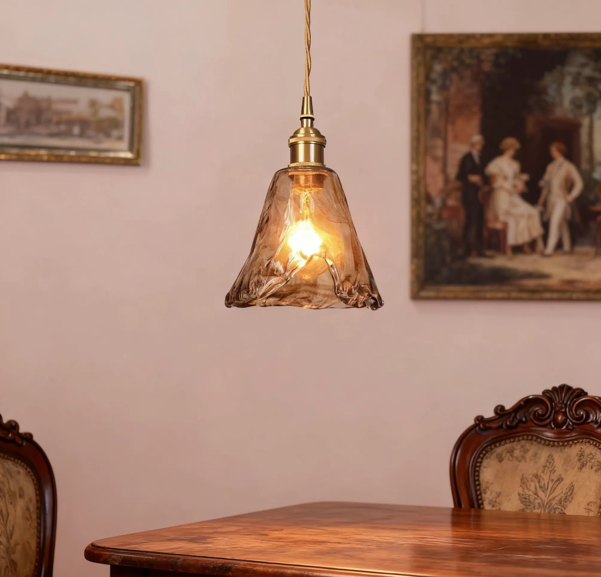 Lampadari a Sospensione Vintage in Ottone con Vetro Ambra