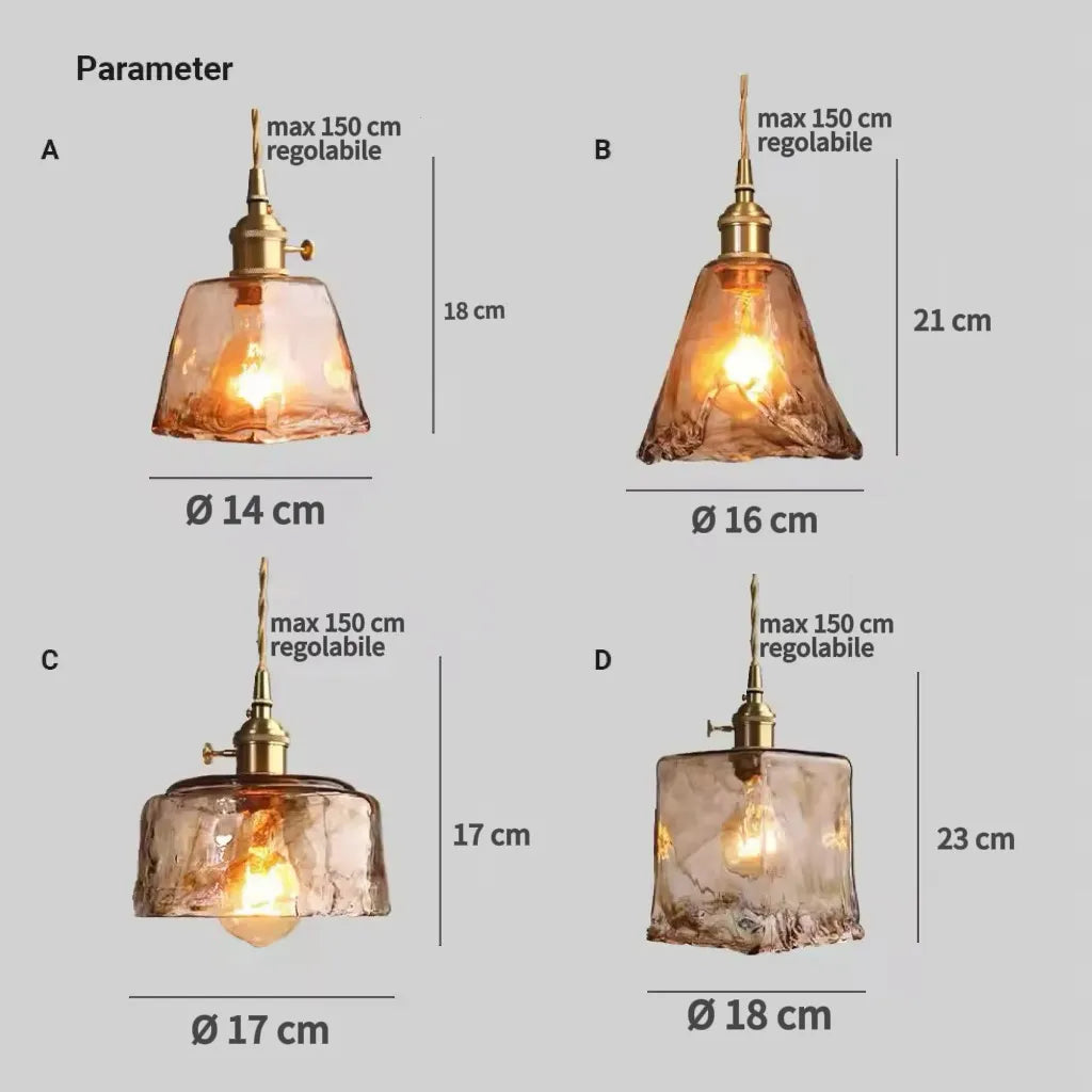 Lampadari a Sospensione Vintage in Ottone con Vetro Ambra
