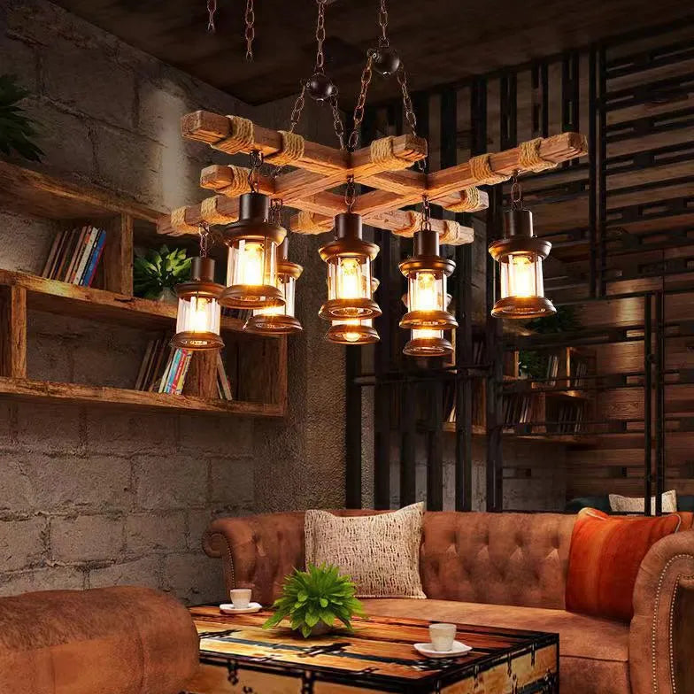 Lampadario Industriale Legno con Elementi Candela - clowasit.com