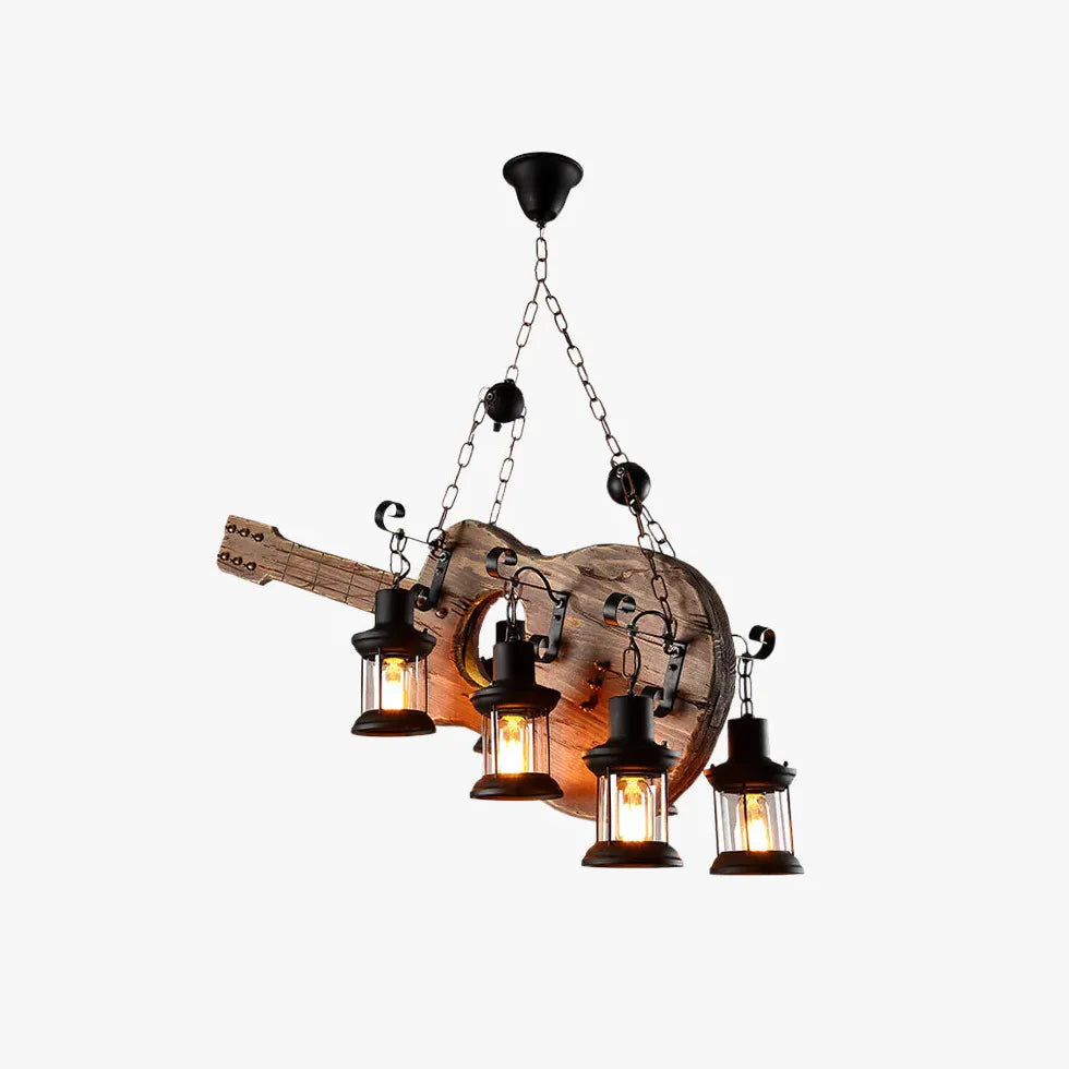 Lampadario vintage legno chitarra 4 luci - clowasit.com