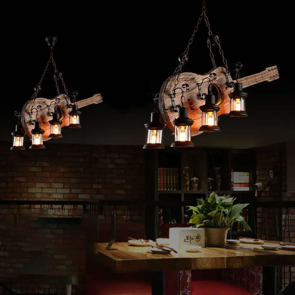 Lampadario vintage legno chitarra 4 luci - clowasit.com