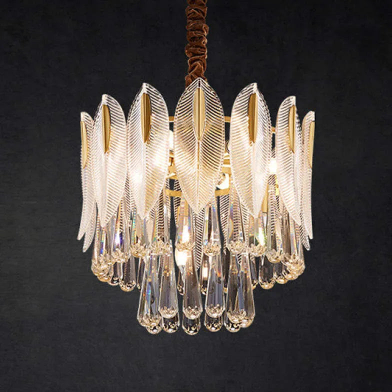 Lampadario cristallo antico con decorazione foglie dorate - clowasit.com