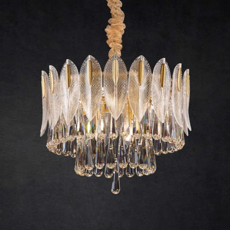 Lampadario cristallo antico con decorazione foglie dorate - clowasit.com
