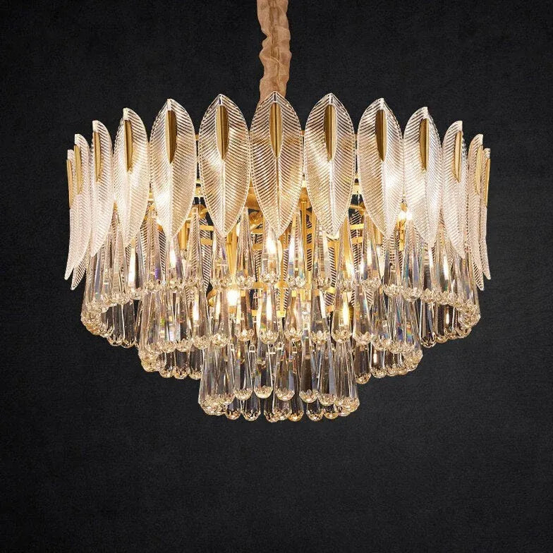 Lampadario cristallo antico con decorazione foglie dorate - clowasit.com