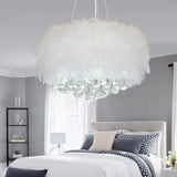 Lampadario con piume cristallo bianco camera letto - clowasit.com